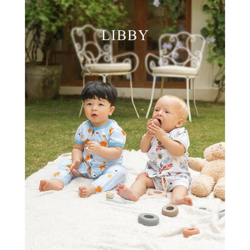 Libby Earth Setelan Baju Kancing Pendek Celana Pendek Rib Rocco Set Boy - Gambar 6
