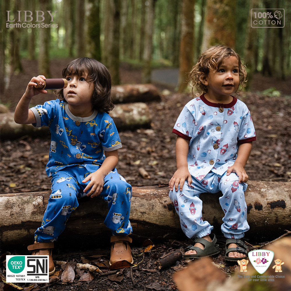 Libby Earth Setelan Baju Kancing Pendek Celana Pendek Rib Rocco Set Boy - Gambar 9
