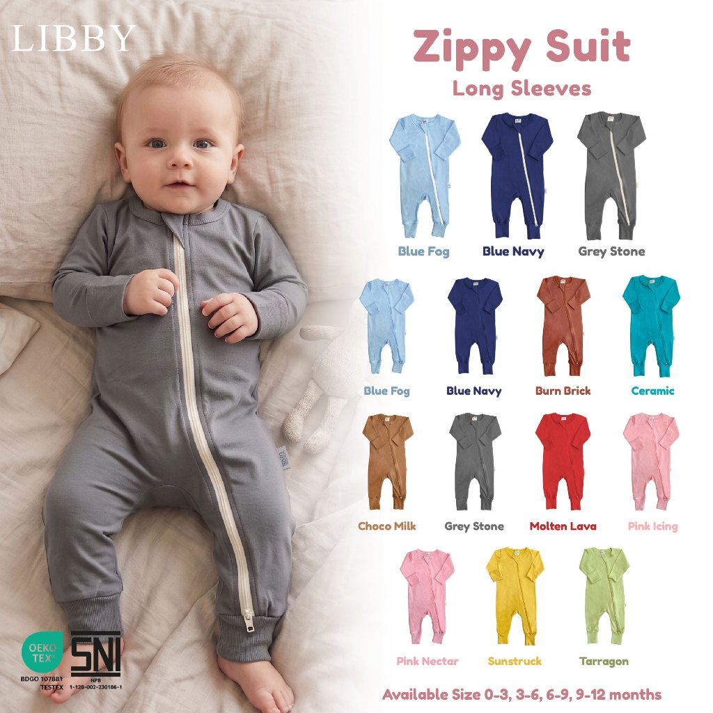 Libby Zippy Suit Sleepsuit Baju Tidur Bayi Lengan Panjang Double Zipper Sarung Tangan Kaki