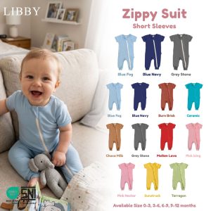 Libby Zippy Suit Sleepsuit Baju Tidur Bayi Lengan Pendek Double Zipper Katun Oeko Tex