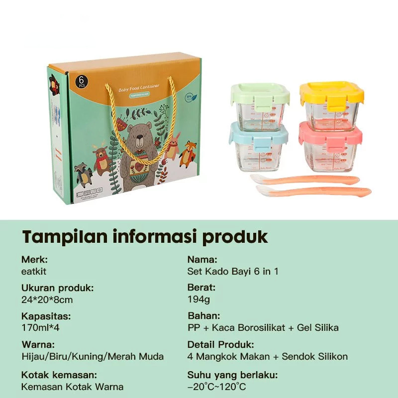 Momwell 6 in 1 Glass Food Container Set Wadah MPASI Kaca Borosilicate Kado Bayi - Gambar 4