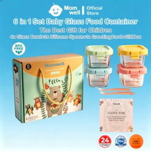 Momwell 6 in 1 Glass Food Container Set Wadah MPASI Kaca Borosilicate Kado Bayi