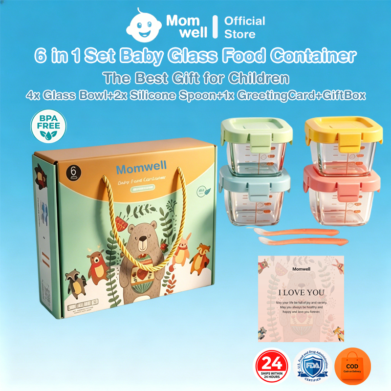 Momwell 6 in 1 Glass Food Container Set Wadah MPASI Kaca Borosilicate Kado Bayi