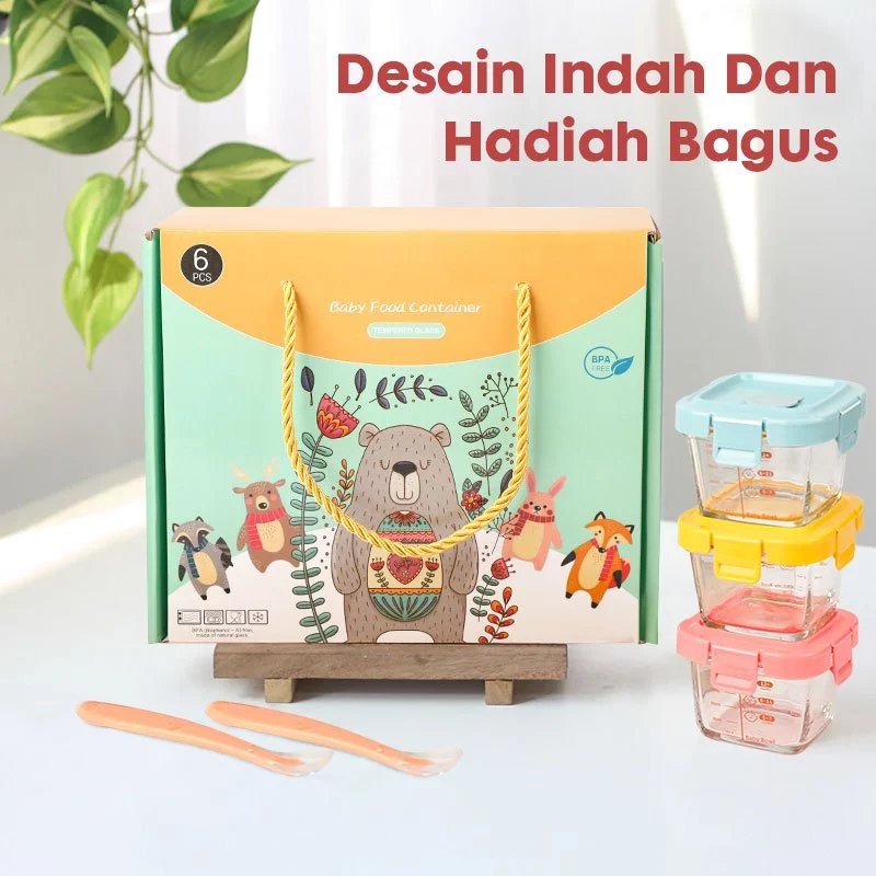 Momwell 6 in 1 Glass Food Container Set Wadah MPASI Kaca Borosilicate Kado Bayi - Gambar 2