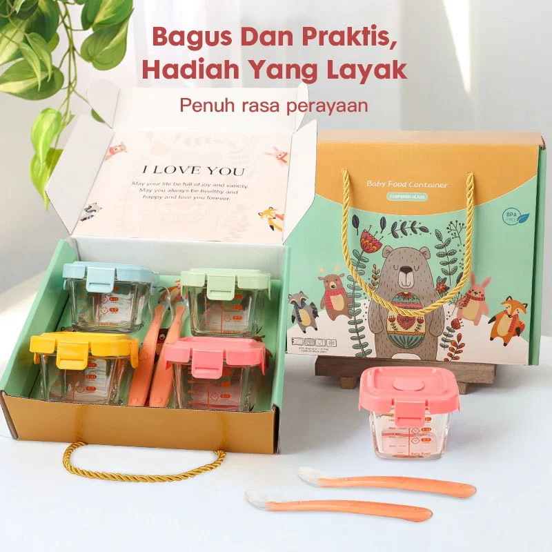 Momwell 6 in 1 Glass Food Container Set Wadah MPASI Kaca Borosilicate Kado Bayi - Gambar 3