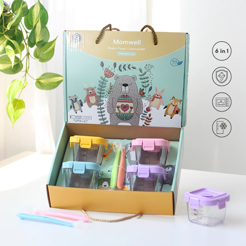 Momwell 6 in 1 Glass Food Container Set Wadah MPASI Kaca Borosilicate Kado Bayi - Gambar 8