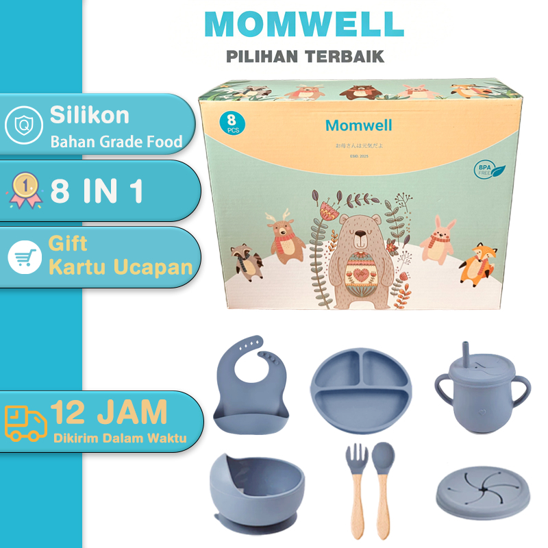 Momwell Set Alat Makan Silikon Bayi 8 in 1 Kado Melahirkan Baby Gift Set - Gambar 2