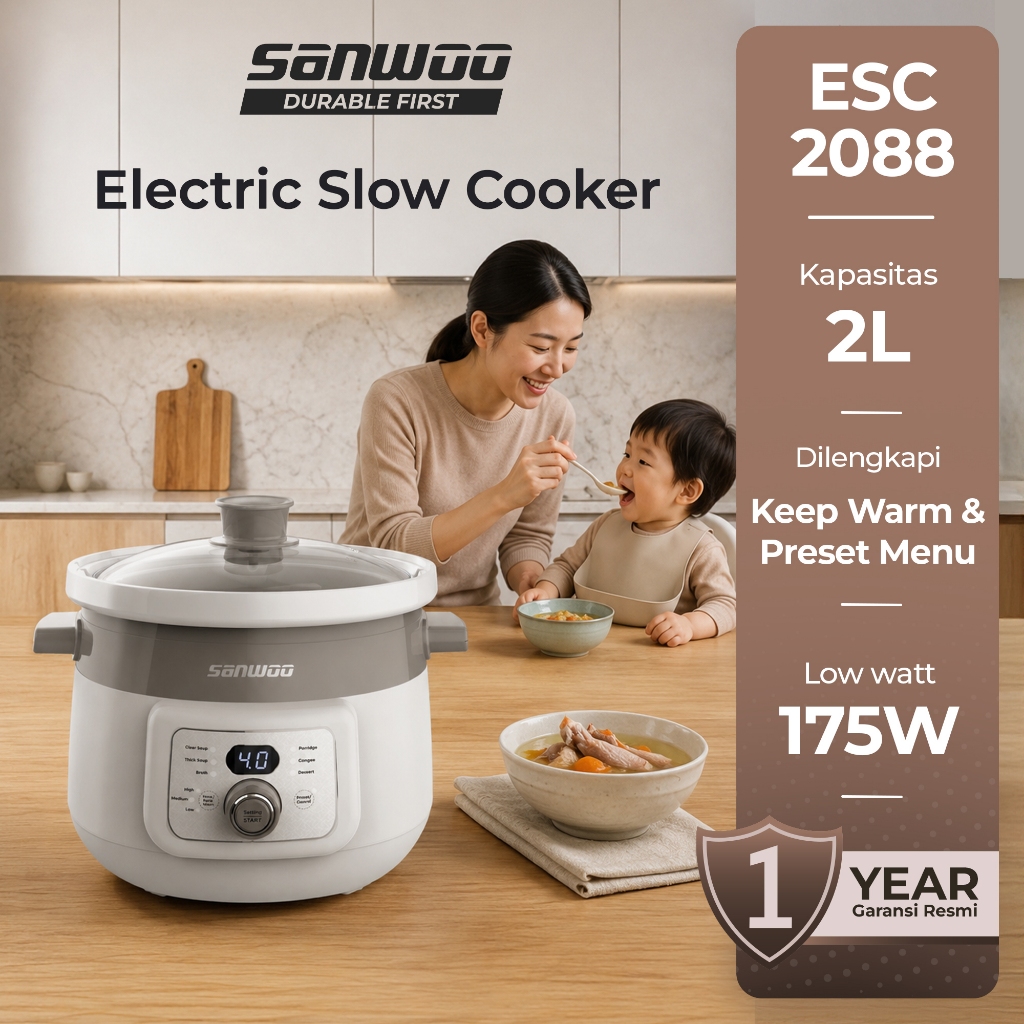 Sanwoo Electric Slow Cooker 2L ESC-2088 Panci Keramik Low Watt 175W