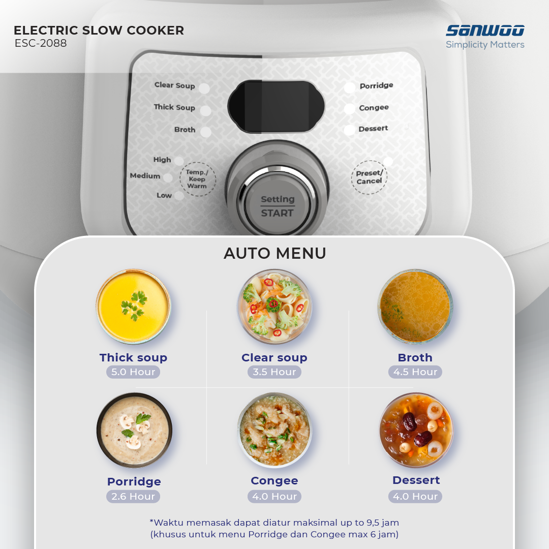 Sanwoo Electric Slow Cooker 2L ESC-2088 Panci Keramik Low Watt 175W - Gambar 4