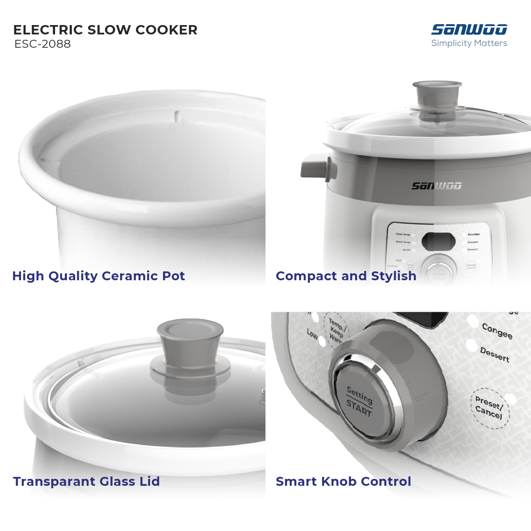 Sanwoo Electric Slow Cooker 2L ESC-2088 Panci Keramik Low Watt 175W - Gambar 6