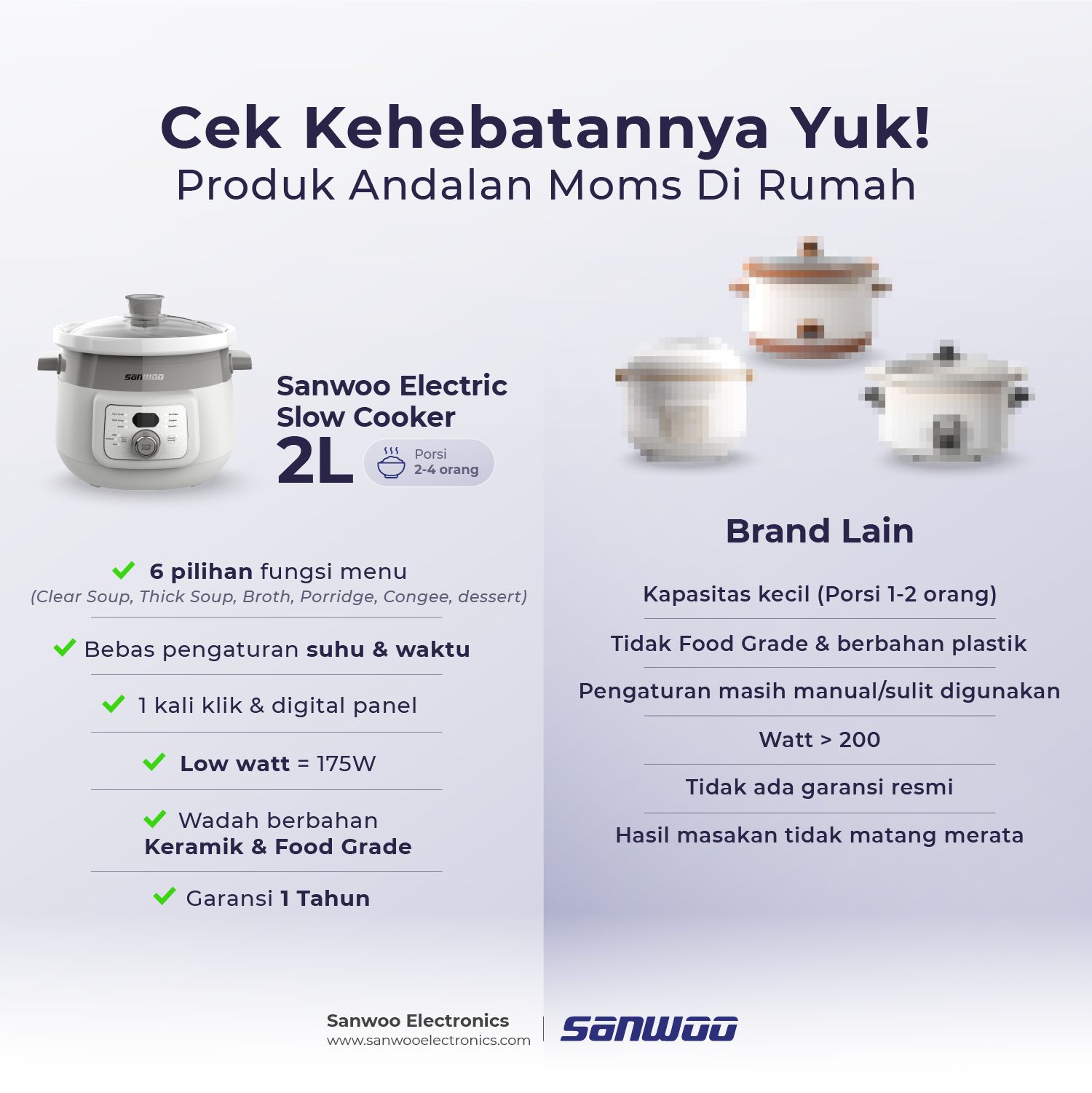 Sanwoo Electric Slow Cooker 2L ESC-2088 Panci Keramik Low Watt 175W - Gambar 12