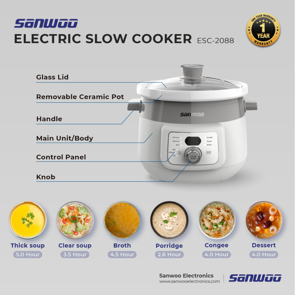 Sanwoo Electric Slow Cooker 2L ESC-2088 Panci Keramik Low Watt 175W - Gambar 13