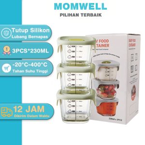 Set 3 Pcs Glass Food Container MPASI Momwell Wadah Tempat MPASI Kaca Tahan Panas 400C