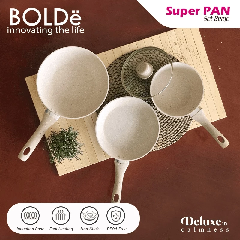 BOLDe Super Pan Set Wajan Keramik Granit Beige 3 pcs Anti Lengket Induksi - Gambar 3