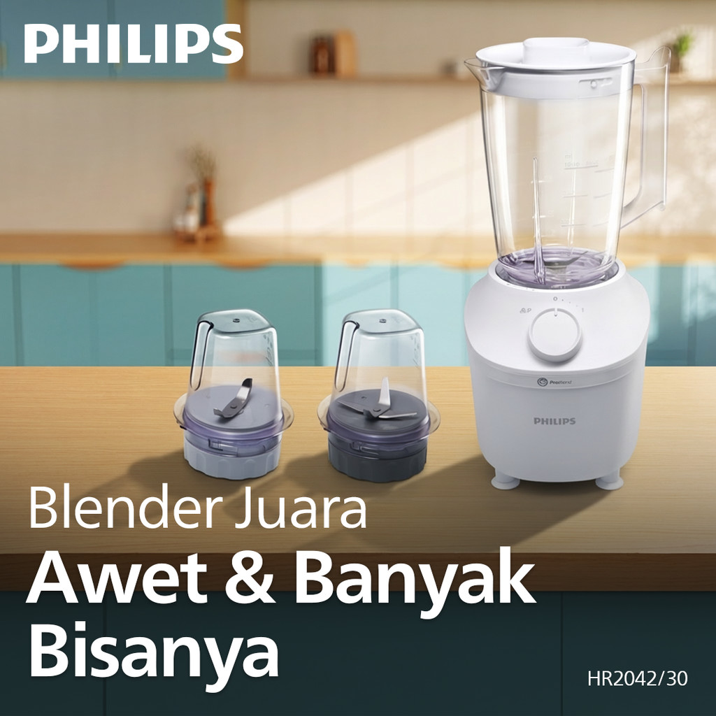 Blender Philips Plastik 1L HR2042/30 Putih - Blender Serbaguna & Dry Mill Original