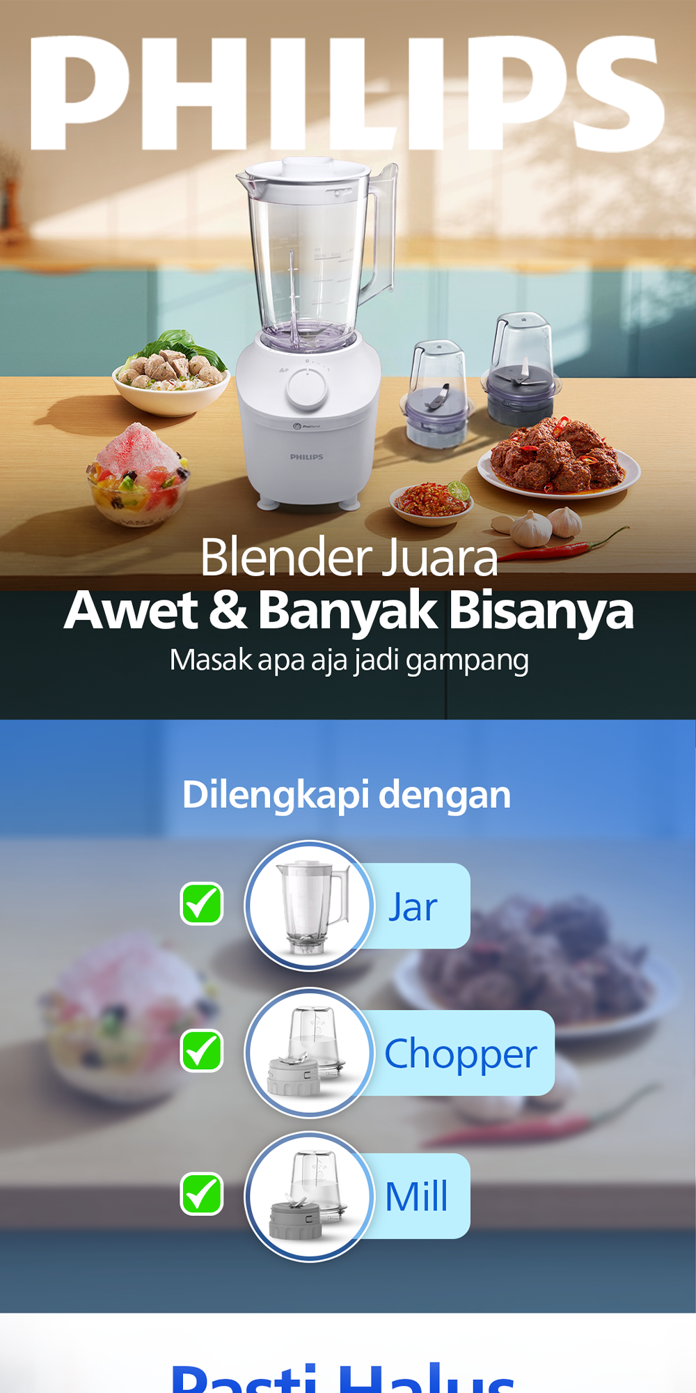 Blender Philips Plastik 1L HR2042/30 Putih - Blender Serbaguna & Dry Mill Original - Gambar 2