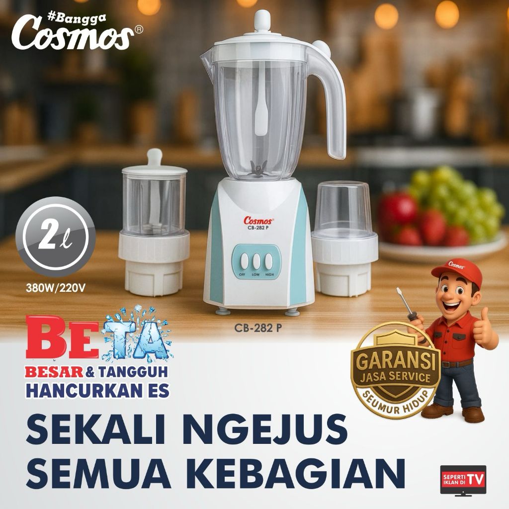 Cosmos Blender CB-282 P 2 Liter Plastik Original + Dry & Wet Mill