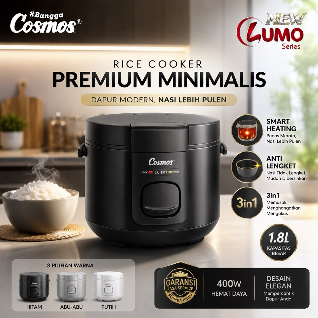 Cosmos CRJ-3375 Rice Cooker Lumo Series 1.8L Penanak Nasi 3in1 Anti Lengket