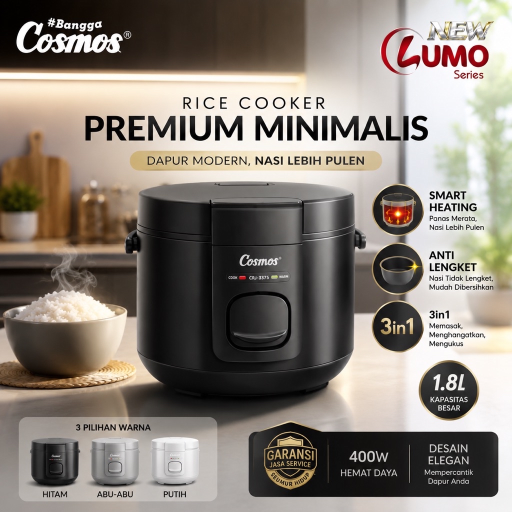 Cosmos CRJ-3375 Rice Cooker Lumo Series 1.8L Penanak Nasi 3in1 Anti Lengket - Gambar 10