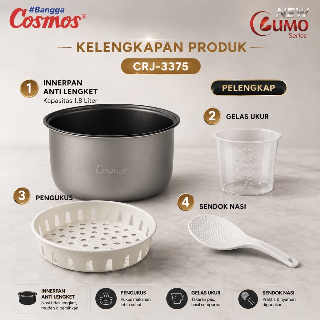 Cosmos CRJ-3375 Rice Cooker Lumo Series 1.8L Penanak Nasi 3in1 Anti Lengket - Gambar 14