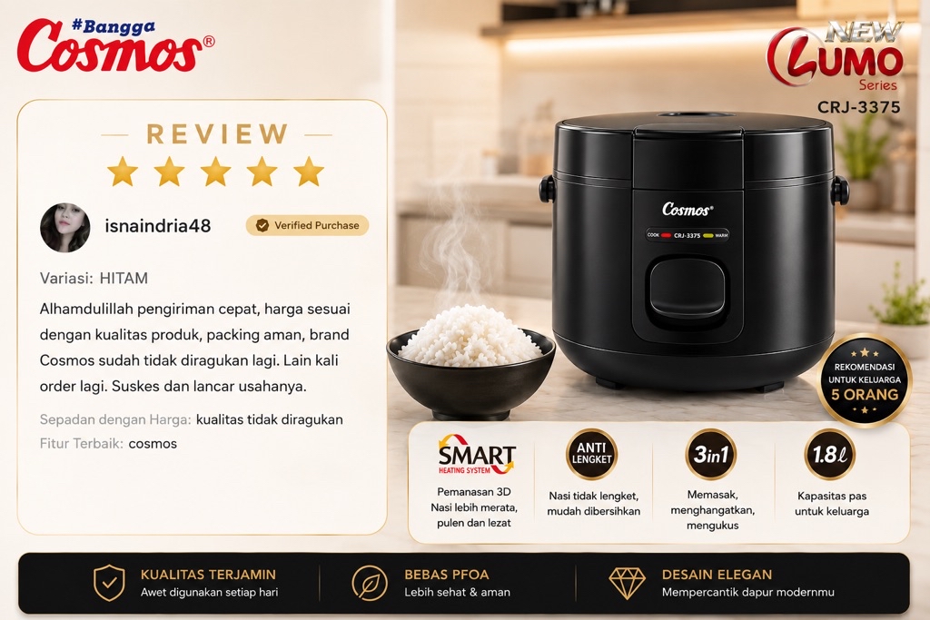 Cosmos CRJ-3375 Rice Cooker Lumo Series 1.8L Penanak Nasi 3in1 Anti Lengket - Gambar 16