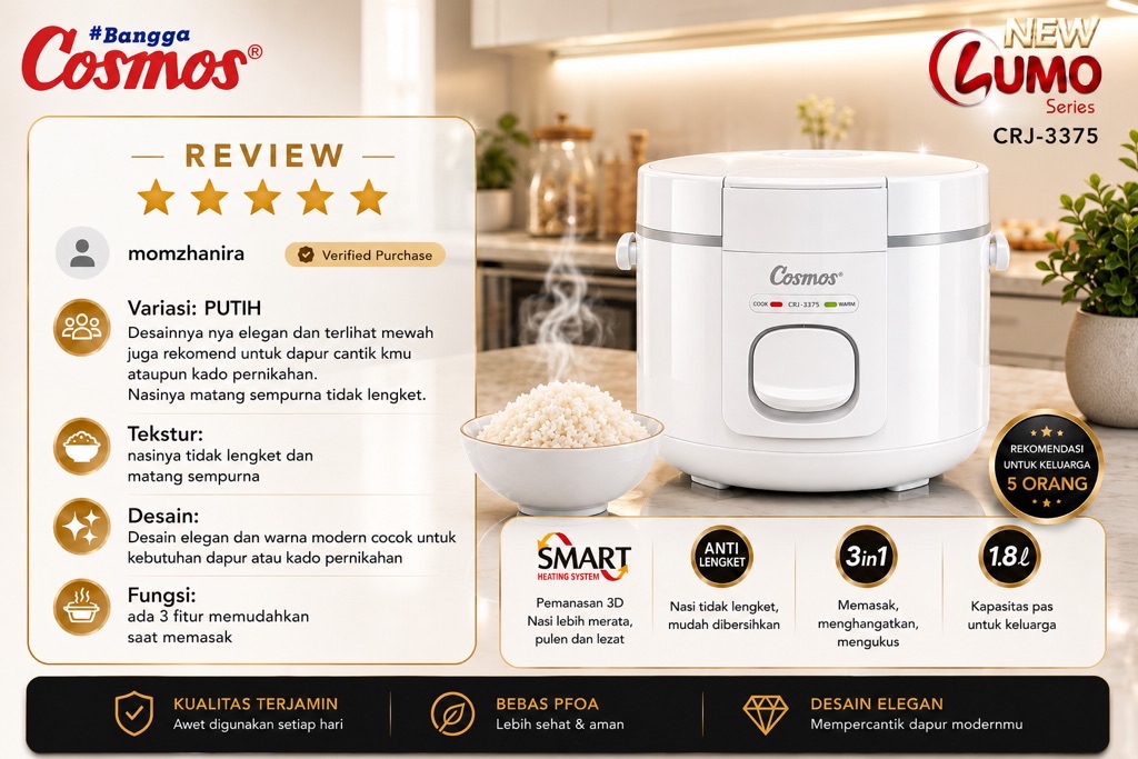 Cosmos CRJ-3375 Rice Cooker Lumo Series 1.8L Penanak Nasi 3in1 Anti Lengket - Gambar 17