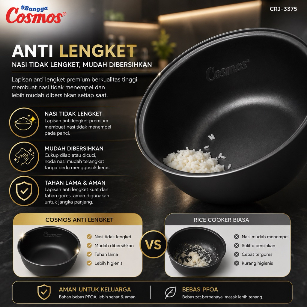 Cosmos CRJ-3375 Rice Cooker Lumo Series 1.8L Penanak Nasi 3in1 Anti Lengket - Gambar 3