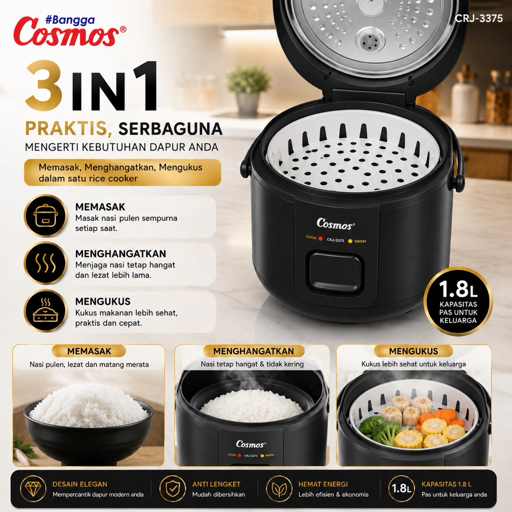 Cosmos CRJ-3375 Rice Cooker Lumo Series 1.8L Penanak Nasi 3in1 Anti Lengket - Gambar 4