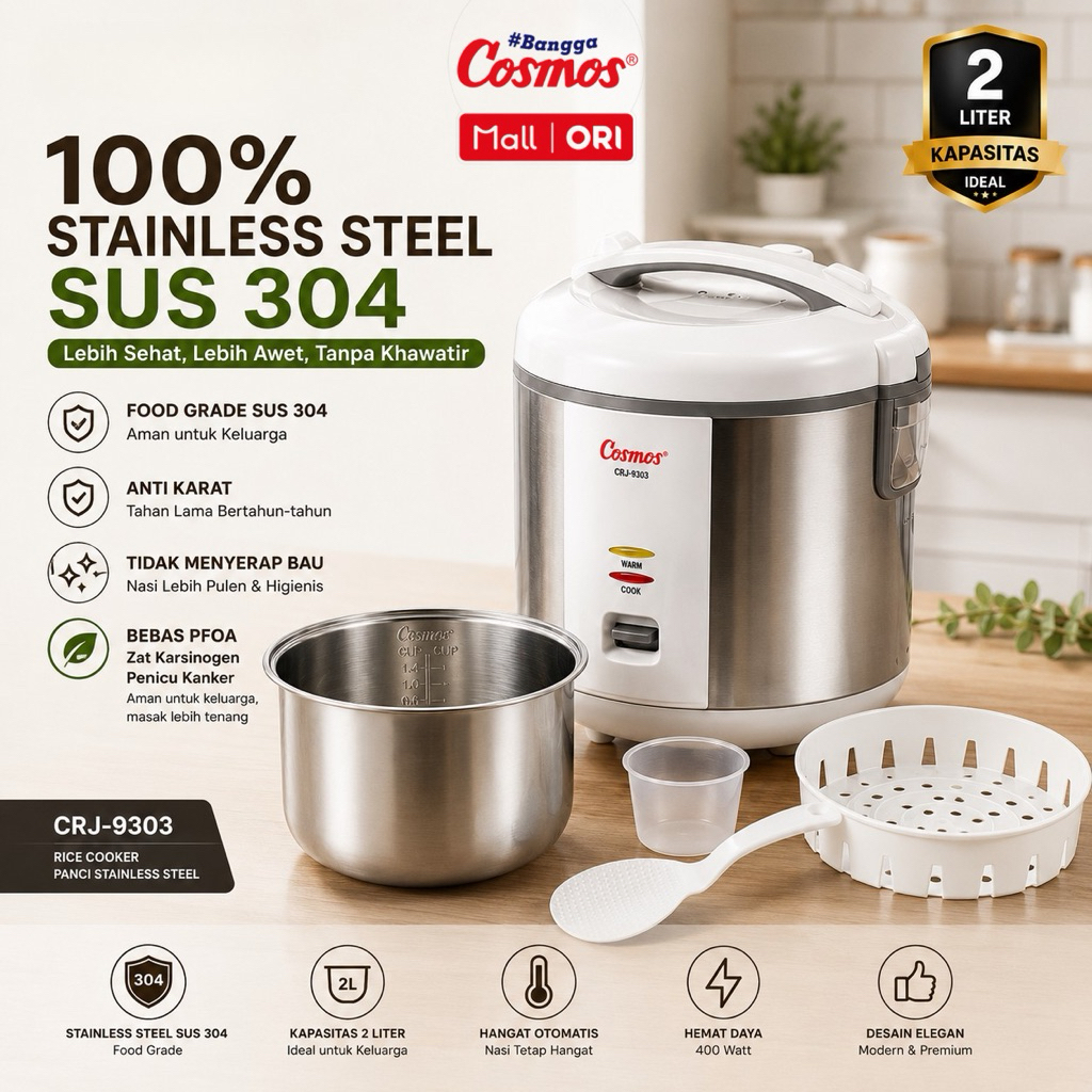 Cosmos Rice Cooker Stainless Steel SUS 304 CRJ-9303 2L & CRJ-9023 0.6L