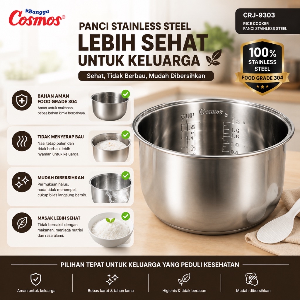 Cosmos Rice Cooker Stainless Steel SUS 304 CRJ-9303 2L & CRJ-9023 0.6L - Gambar 14
