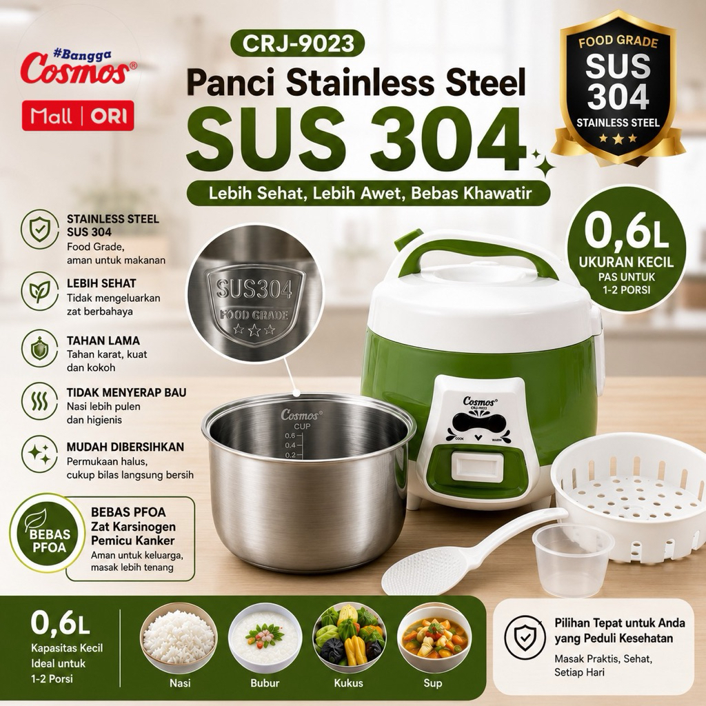 Cosmos Rice Cooker Stainless Steel SUS 304 CRJ-9303 2L & CRJ-9023 0.6L - Gambar 8