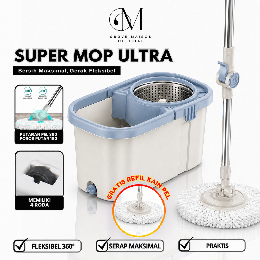 GROVE MAISON Super Mop Ultra Alat Pel Ember 2in1 Putar 360