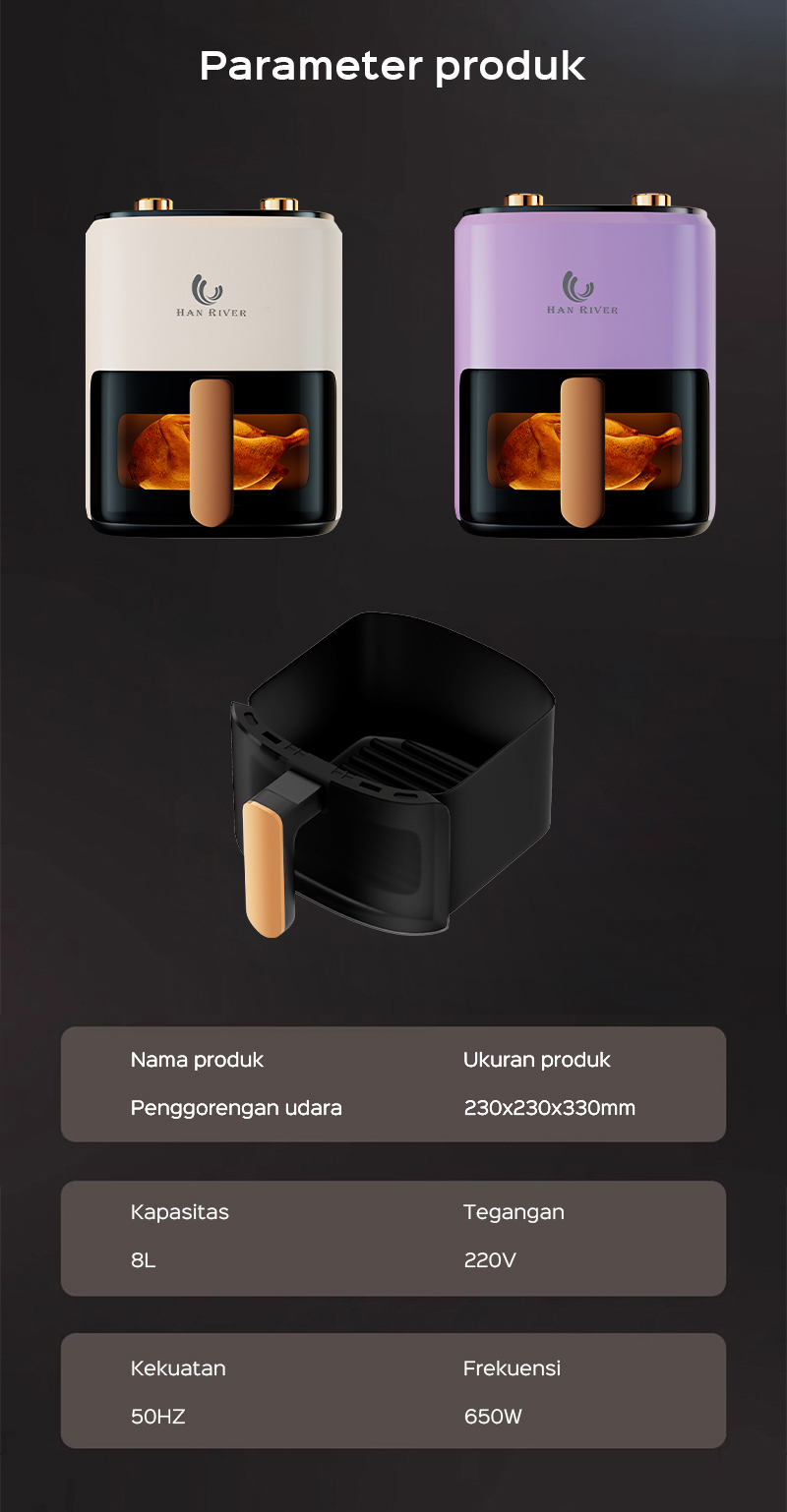HAN RIVER Air Fryer 8 Liter HRAF02 Low Watt 650W Penggorengan Bebas Minyak - Gambar 20