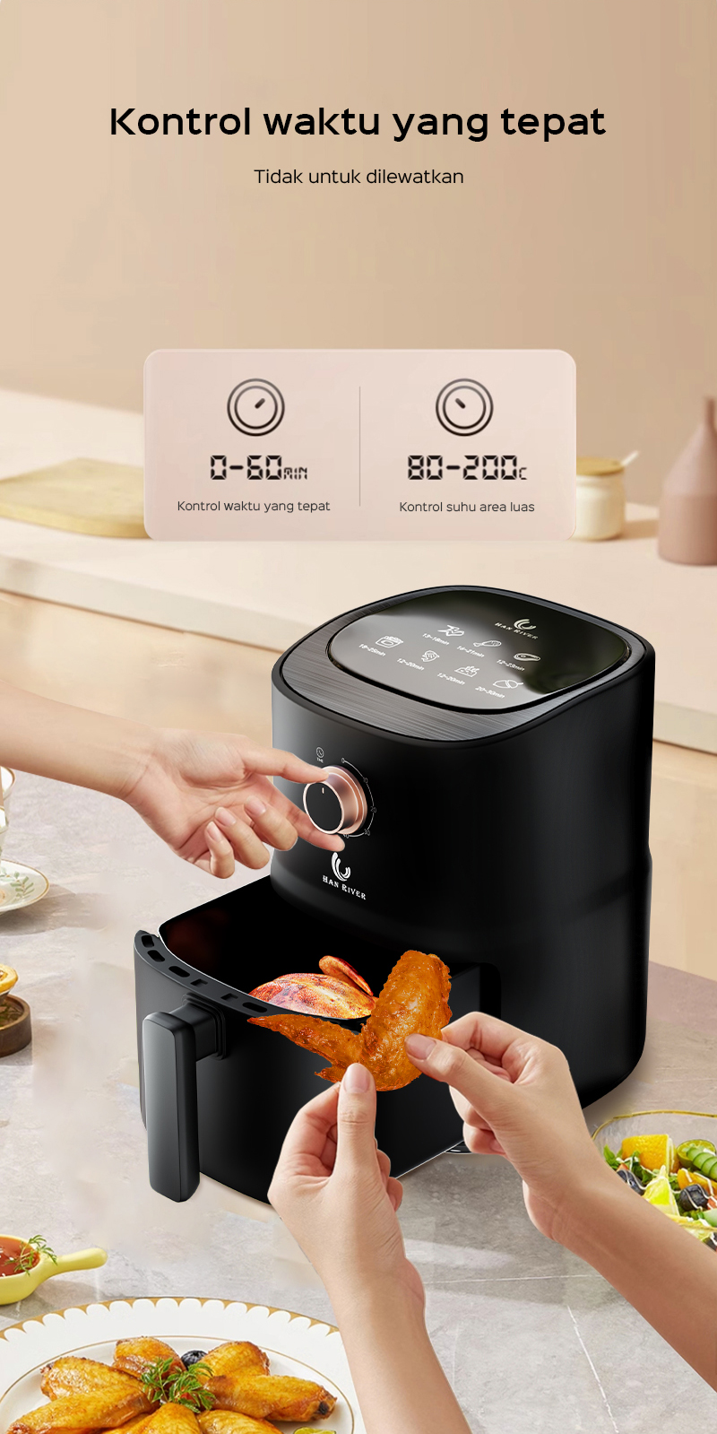 HAN RIVER Penggorengan Udara Air Fryer 3.5L Low Watt HRAF04 - Hitam - Gambar 12