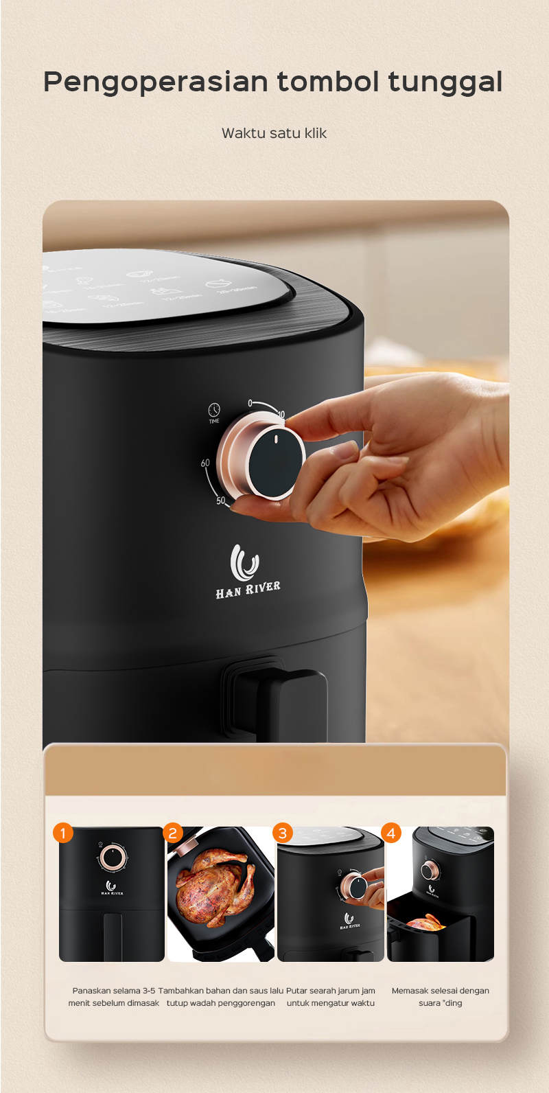 HAN RIVER Penggorengan Udara Air Fryer 3.5L Low Watt HRAF04 - Hitam - Gambar 18