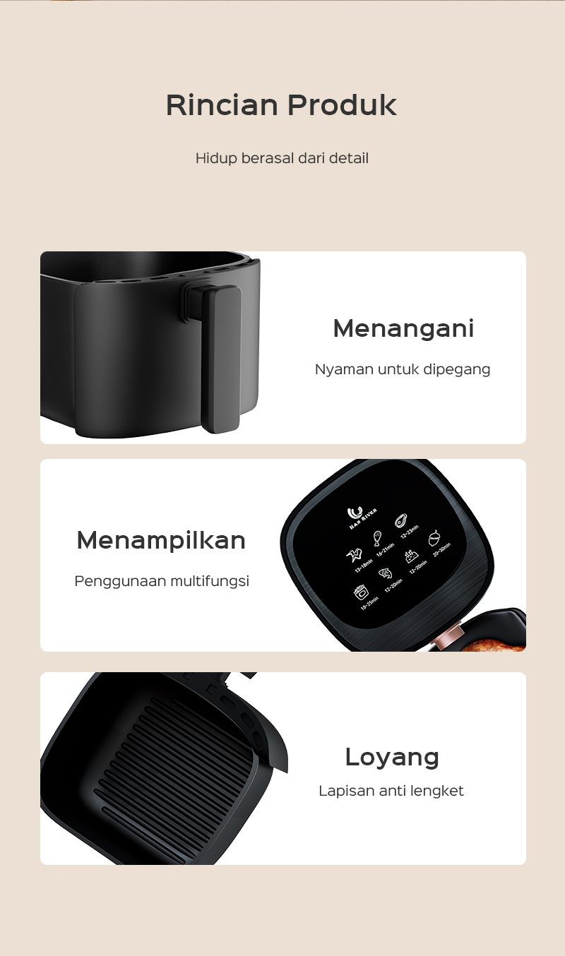 HAN RIVER Penggorengan Udara Air Fryer 3.5L Low Watt HRAF04 - Hitam - Gambar 21