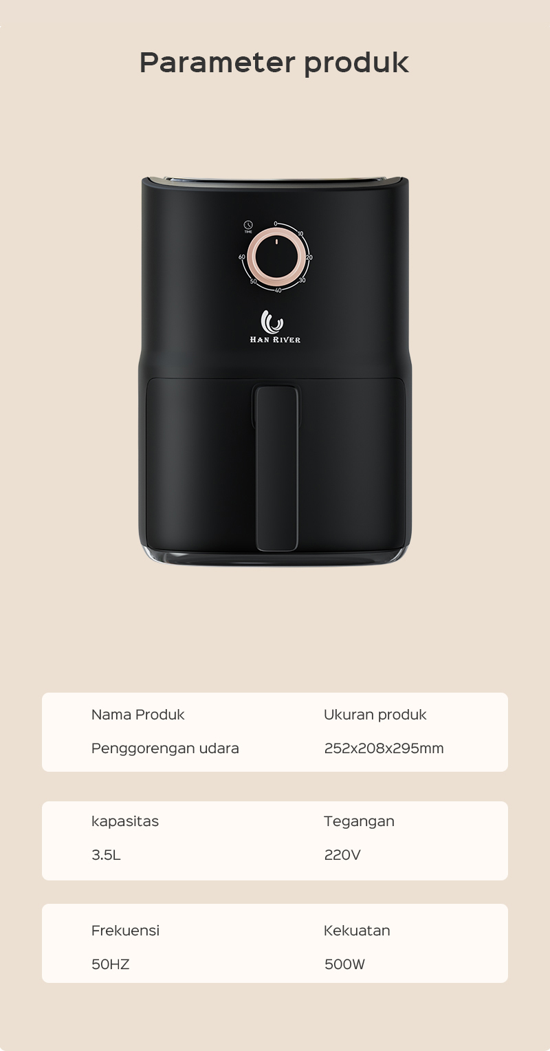 HAN RIVER Penggorengan Udara Air Fryer 3.5L Low Watt HRAF04 - Hitam - Gambar 22
