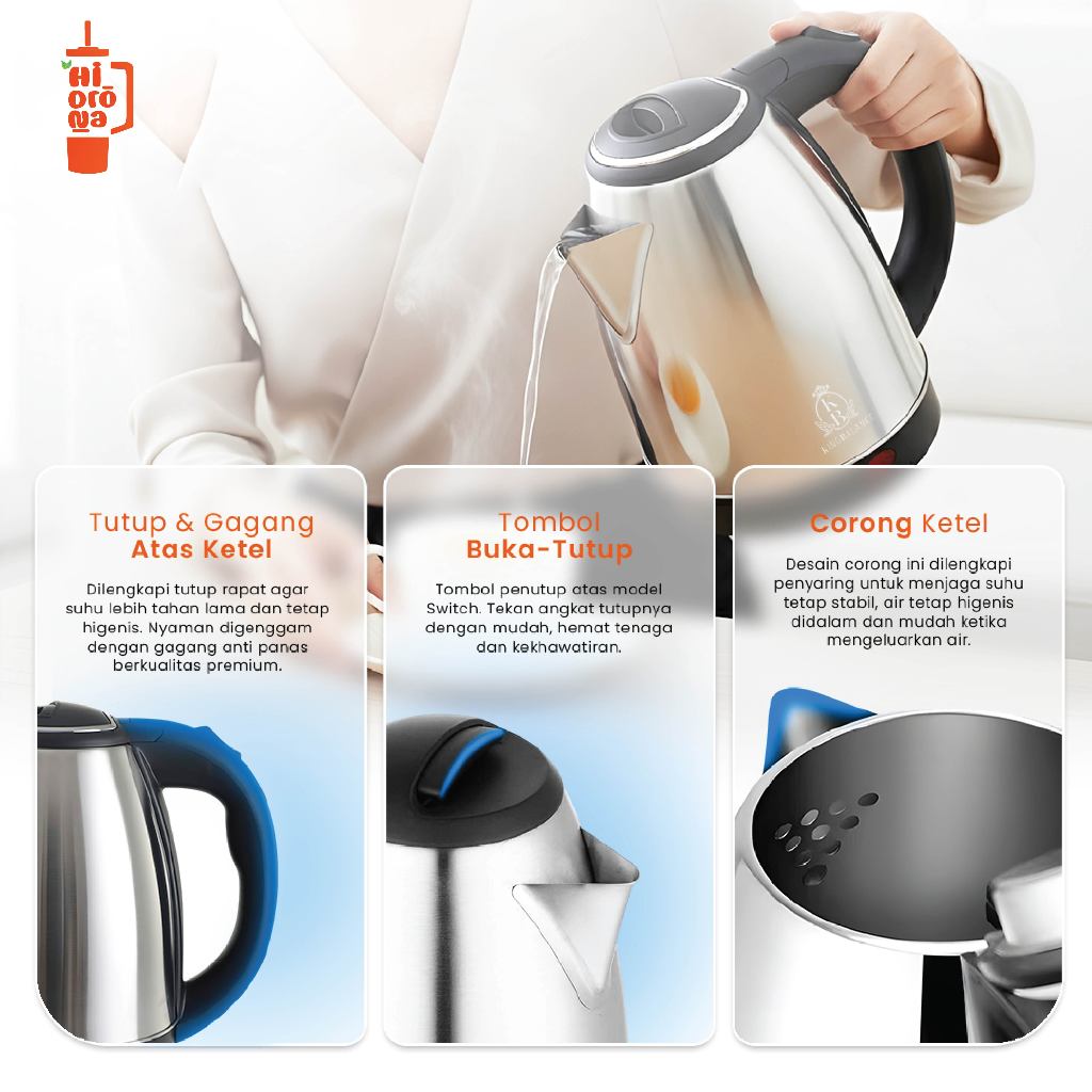 HIDRONA SH01 Teko Listrik Stainless Steel 2L Pemanas Air Otomatis 500W - Gambar 6