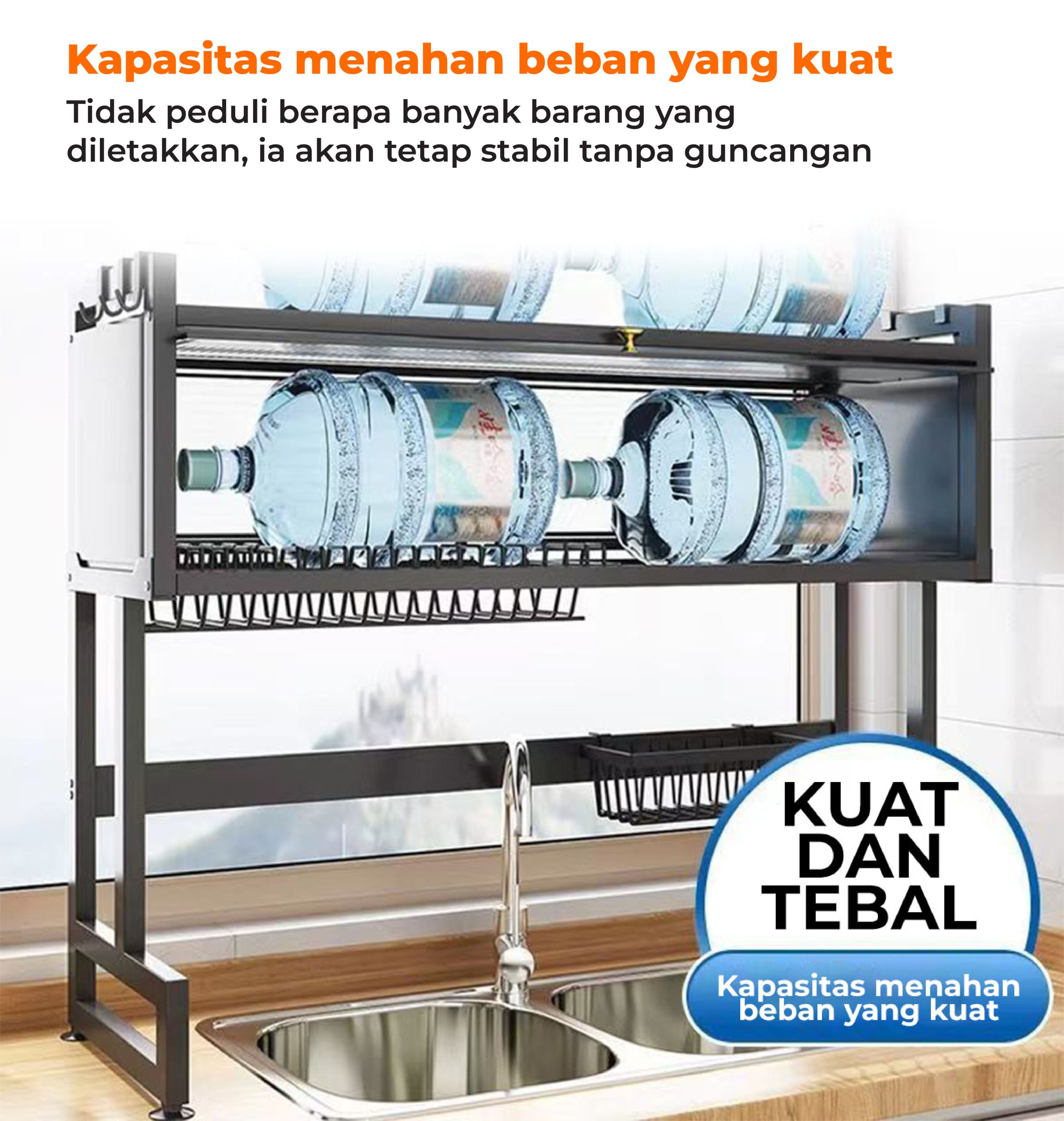 Homedoki Rak Piring Wastafel Tertutup Transparan Baja Karbon Anti Karat Multi Kompartemen - Gambar 13