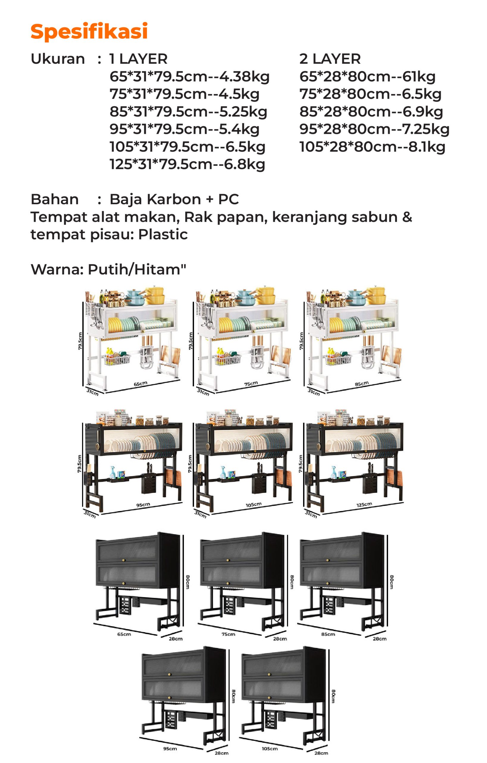 Homedoki Rak Piring Wastafel Tertutup Transparan Baja Karbon Anti Karat Multi Kompartemen - Gambar 17