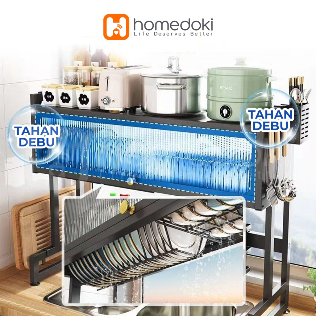 Homedoki Rak Piring Wastafel Tertutup Transparan Baja Karbon Anti Karat Multi Kompartemen - Gambar 5