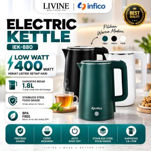 Infico Teko Listrik Double Wall 1.8L Ceret Pemanas Air Low Watt 400W IEK-880