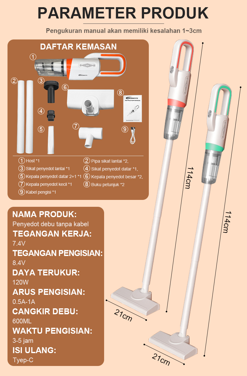 MAIMEITE Penyedot Debu Nirkabel 5 in 1 Vakum Portabel 20000Pa - Gambar 17