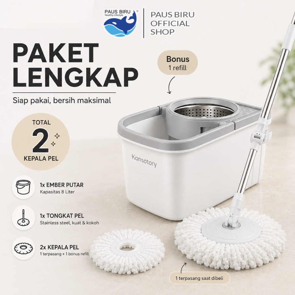 Paus Biru Kansatory Spin Mop Ember Roda Tersembunyi Pel Otomatis