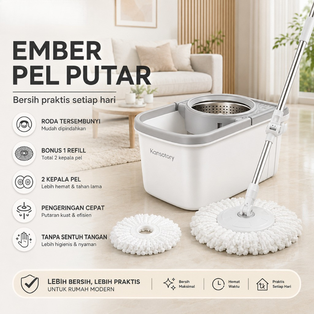 Paus Biru Kansatory Spin Mop Ember Roda Tersembunyi Pel Otomatis - Gambar 2