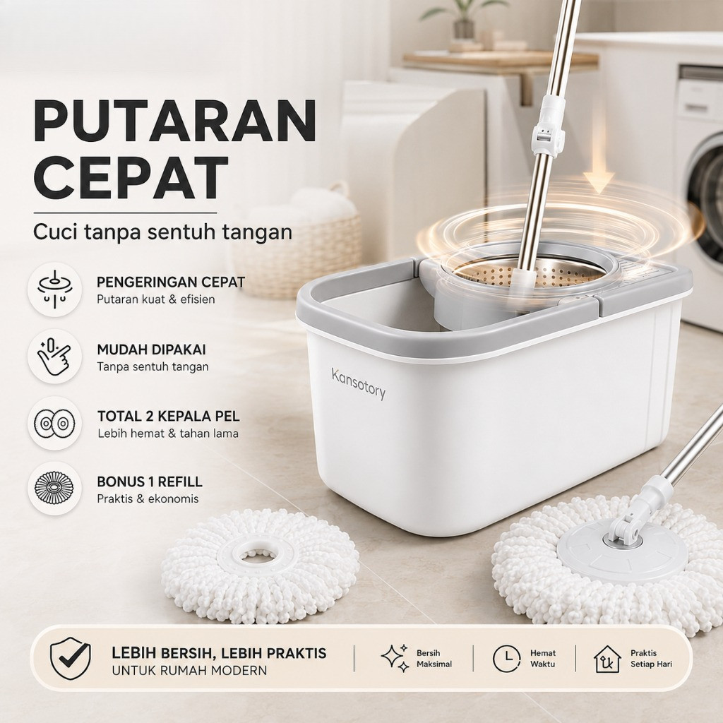 Paus Biru Kansatory Spin Mop Ember Roda Tersembunyi Pel Otomatis - Gambar 3