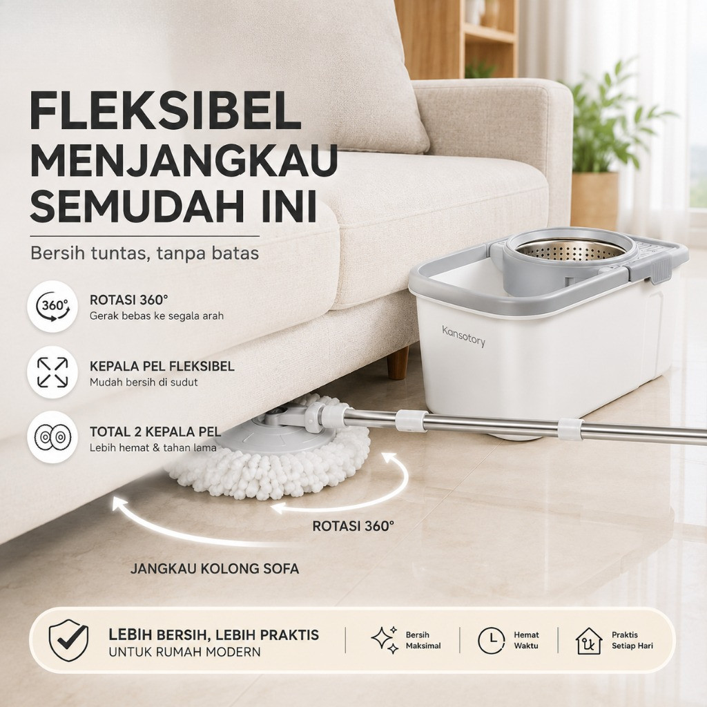Paus Biru Kansatory Spin Mop Ember Roda Tersembunyi Pel Otomatis - Gambar 4
