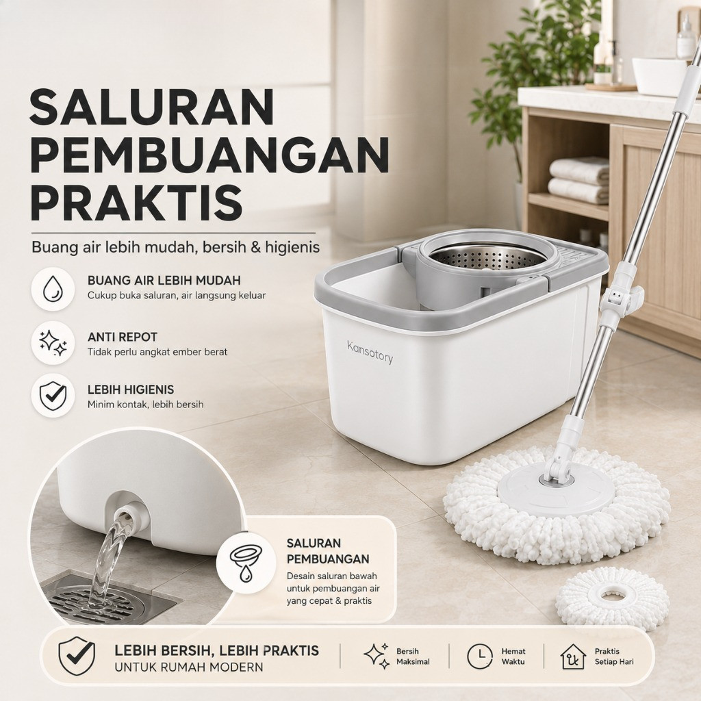 Paus Biru Kansatory Spin Mop Ember Roda Tersembunyi Pel Otomatis - Gambar 5