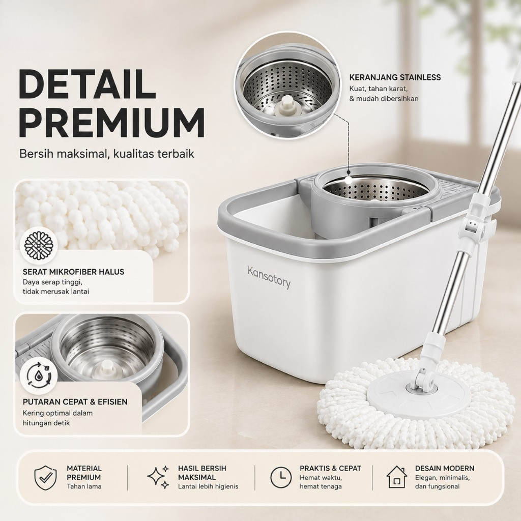Paus Biru Kansatory Spin Mop Ember Roda Tersembunyi Pel Otomatis - Gambar 6