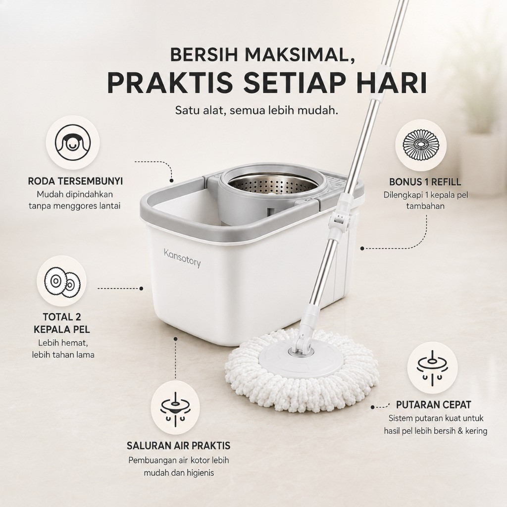 Paus Biru Kansatory Spin Mop Ember Roda Tersembunyi Pel Otomatis - Gambar 7